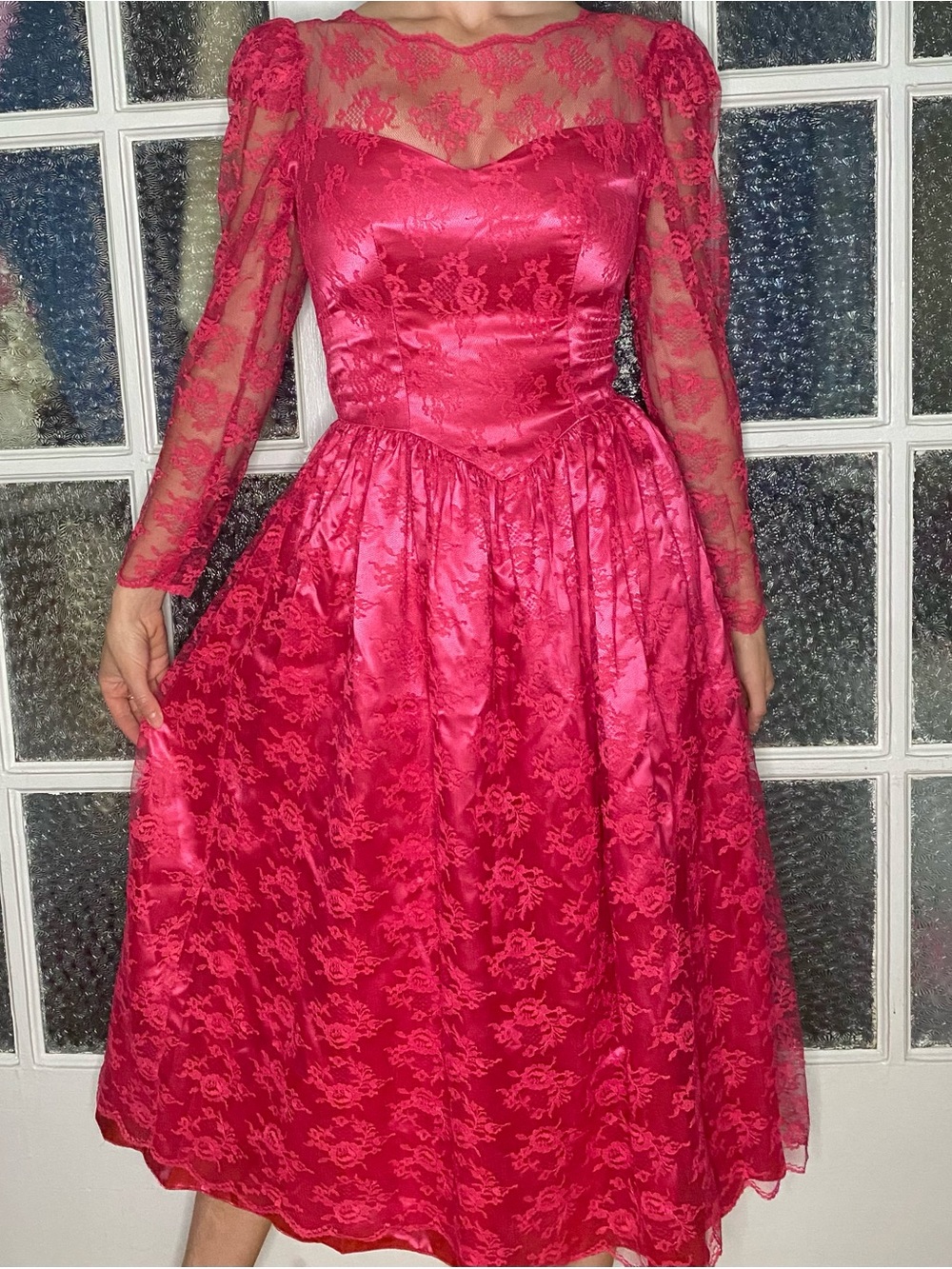 Women's Fuchsia Satin Lace Vintage Princess Dress